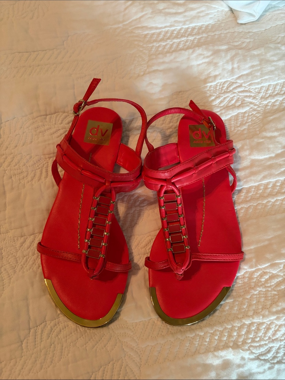 DV by Dolce Vita Red T-Strap Sandals with Gold Accent